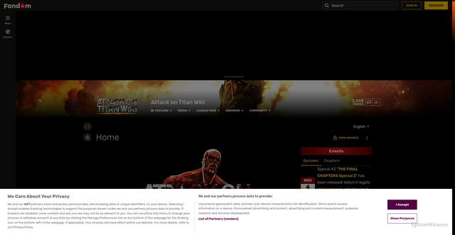 Security scan screenshot of https://attackontitan.fandom.com/wiki/Attack_on_Titan_Wiki