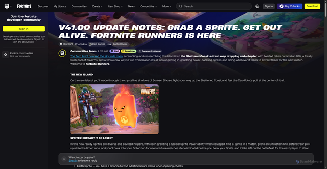 Security scan screenshot of https://communities.epicgames.com/thread/v41-00-update-notes-grab-a-sprite-get-out-alive-fortnite-runners-is-here/M7Tt