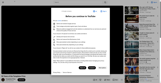 Security scan screenshot of https://www.youtube.com/watch?v=i93dnhZ4Vpw&utm_source=Receive+News+from+the+John+Templeton+Foundation&utm_campaign=7219dbb028-EMAIL_CAMPAIGN_2025_templetonprize-20251008_COPY_0&utm_medium=email&utm_term=0_-fc83279c7c-97355777