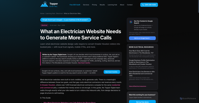 Security scan screenshot of https://topper-digital.pages.dev/learning-hub/electrical/electrician-website-converts-calls/