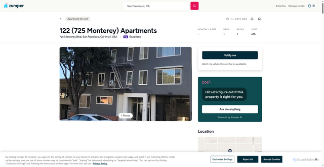 Security scan screenshot of https://www.zumper.com/apartment-buildings/p584984/122-west-of-twin-peaks-san-francisco-caundefined