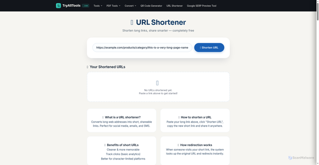 Security scan screenshot of https://tryalltools.com/url-shortener.html
