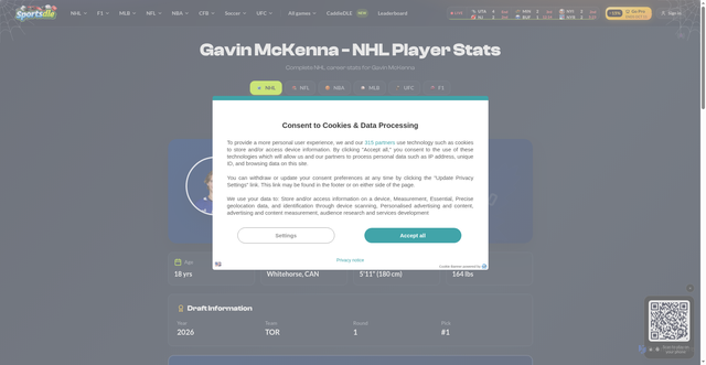 Security scan screenshot of https://www.sportsdle.com/nhl/player-stats/gavin-mckenna-8486067