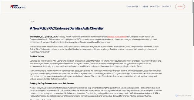 Security scan screenshot of https://www.anewpolicypac.org/news/a-new-policy-pac-endorses-darializa-avila-chevalier
