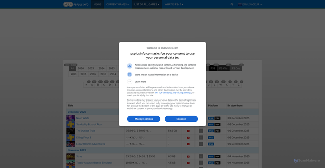 Security scan screenshot of https://psplusinfo.com/games