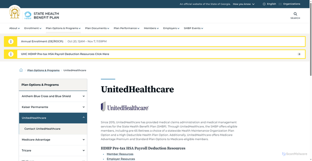 Security scan screenshot of https://shbp.georgia.gov/plan-options-programs/unitedhealthcare