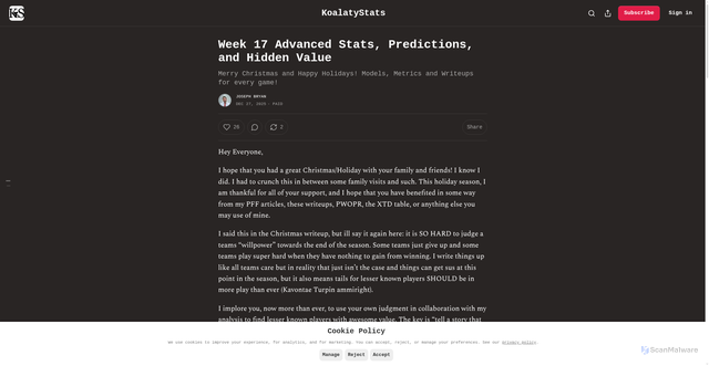 Security scan screenshot of https://koalatystats.substack.com/p/week-17-advanced-stats-predictions