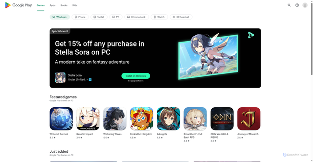 Security scan screenshot of https://play.google.com/store/games?device=windows