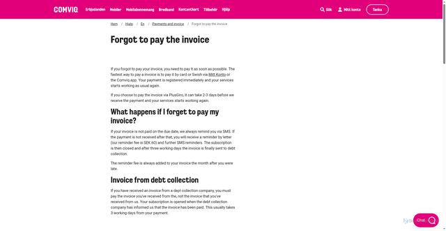 Security scan screenshot of https://www.comviq.se/hjalp/en/payments-and-invoice/forgot-to-pay-the-invoice?utm_source=spready&utm_medium=email&utm_campaign=invoice
