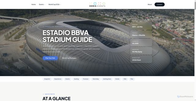 Security scan screenshot of https://xeniaevents.com/venue-guide/estadio-bbva-guadalupe/