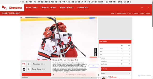 Security scan screenshot of https://rpiathletics.com/news/2025/11/15/womens-ice-hockey-finishes-sweep-at-robert-morris.aspx