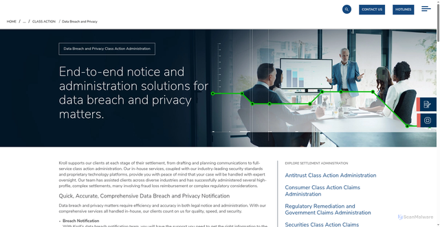 Security scan screenshot of https://www.kroll.com/en/services/settlement-administration/class-action/data-breach-and-privacy