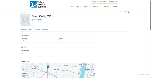 Security scan screenshot of https://doctors.valleyhealth.com/provider/brian-cole/2567198