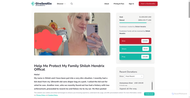 Security scan screenshot of https://www.givesendgo.com/shilohhendrix