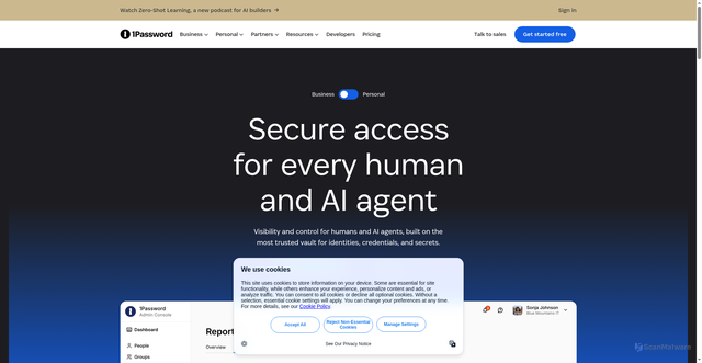Security scan screenshot of https://1password.co