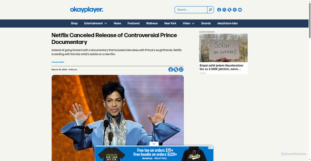 Security scan screenshot of https://www.okayplayer.com/netflix-canceled-release-of-controversial-prince-documentary/645784