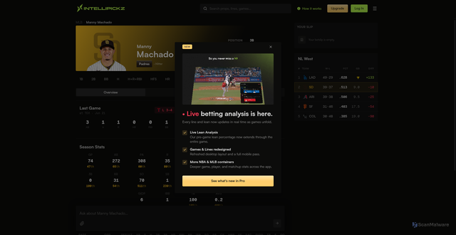 Security scan screenshot of https://intellipickz.com/mlb/player/manny-machado