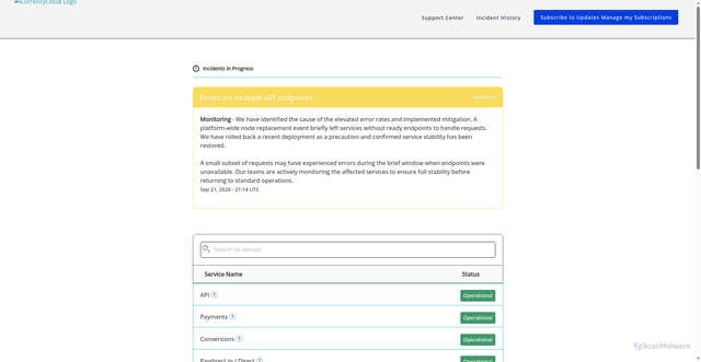 Security scan screenshot of https://status.currencycloud.com