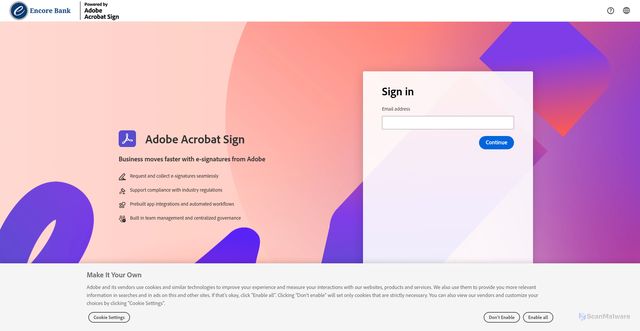 Security scan screenshot of https://bankencore.na4.echosign.com