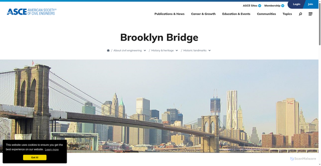 Security scan screenshot of https://www.asce.org/about-civil-engineering/history-and-heritage/historic-landmarks/brooklyn-bridge