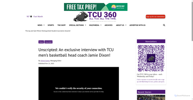 Security scan screenshot of https://tcu360.com/2025/11/21/unscripted-an-exclusive-interview-with-tcu-mens-basketball-head-coach-jamie-dixon/