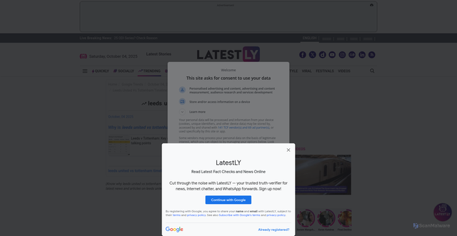 Security scan screenshot of https://www.latestly.com/google-trends/04102025/leeds-united-vs-tottenham-timeline/