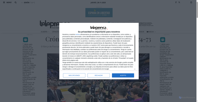 Security scan screenshot of https://www.teleprensa.com/articulo/deportes/cronica-anadolu-efes-barca-74-73/202511201952232276819.html