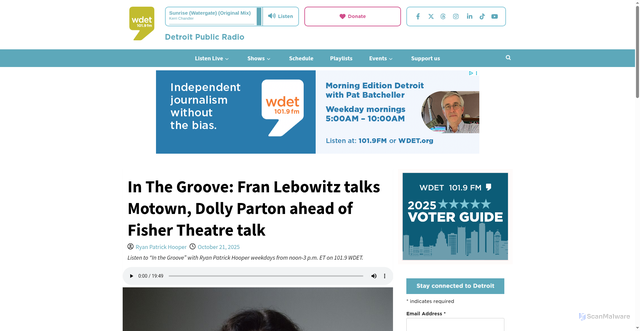 Security scan screenshot of https://wdet.org/2025/10/21/in-the-groove-fran-lebowitz-talks-motown-dolly-parton-ahead-of-her-talk-at-the-fisher-theatre/