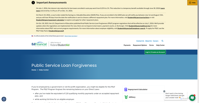 Security scan screenshot of https://edfinancial.studentaid.gov/public-service-loan-forgiveness