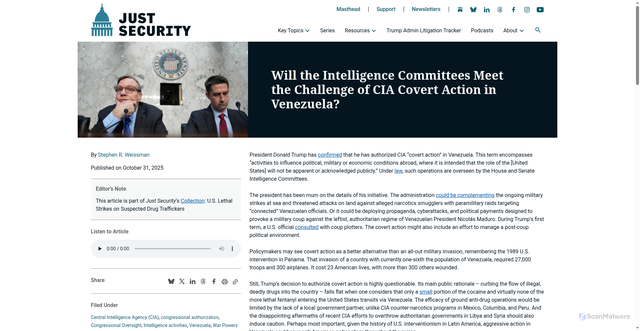 Security scan screenshot of https://www.justsecurity.org/123701/intelligence-committees-cia-venezuela/