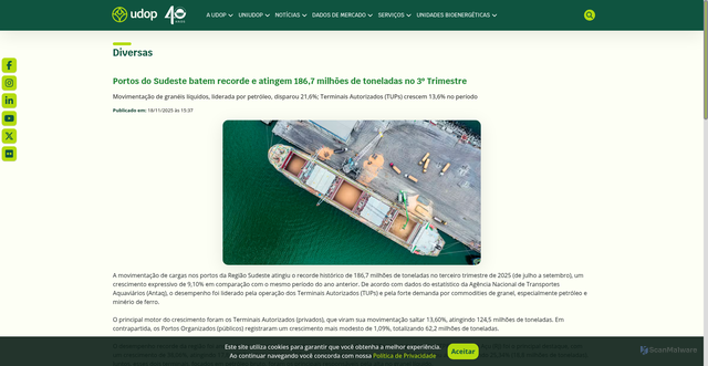 Security scan screenshot of https://www.udop.com.br/noticia/2025/11/18/portos-do-sudeste-batem-recorde-e-atingem-186-7-milhoes-de-toneladas-no-3o-trimestre