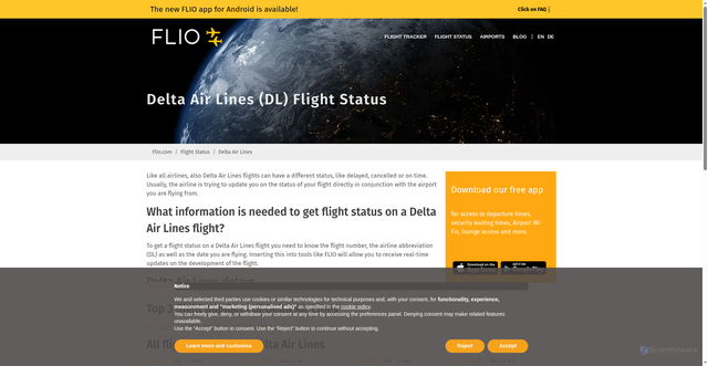 Security scan screenshot of https://www.flio.com/flight-status/delta-air-lines