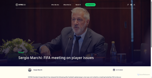 Security scan screenshot of https://www.fifpro.org/en/articles/2025/11/sergio-marchi-fifa-meeting-on-player-issues