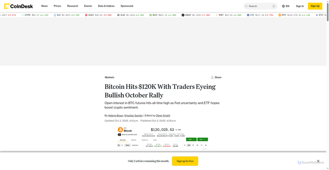 Security scan screenshot of https://www.coindesk.com/markets/2025/10/02/dnp-bitcoin-breaks-usd120k-with-traders-eyeing-bullish-october-rally