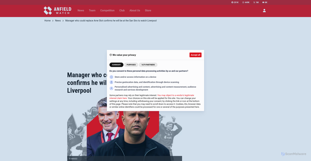 Security scan screenshot of https://www.anfieldwatch.co.uk/liverpool-fc/news/manager-who-could-replace-arne-slot-confirms-he-will-be-at-the-san-siro-to-watch-liverpool/