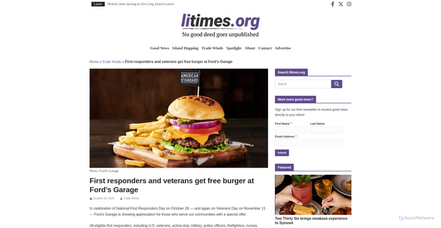 Security scan screenshot of https://www.litimes.org/2025/10/28/first-responders-and-veterans-get-free-burger-at-fords-garage/