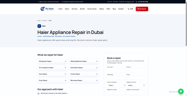 Security scan screenshot of https://fixtechappliancesrepair.online/brands/haier