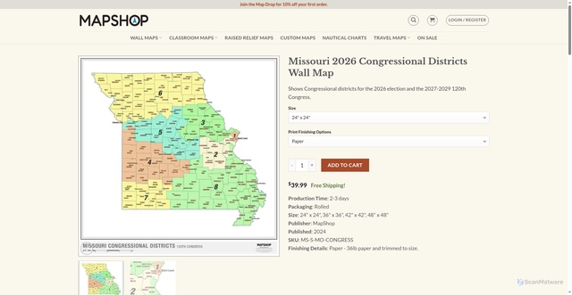 Security scan screenshot of https://www.mapshop.com/missouri-congressional-districts-wall-map/