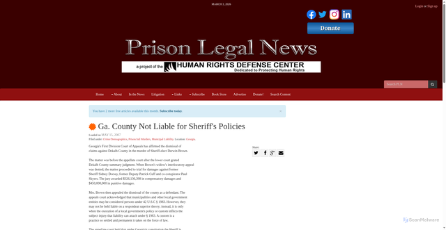 Security scan screenshot of https://www.prisonlegalnews.org/news/2007/may/15/ga-county-not-liable-for-sheriffs-policies/