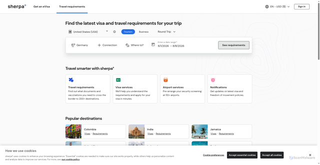 Security scan screenshot of https://apply.joinsherpa.com/travel-restrictions?language=en-US