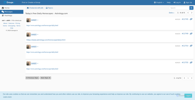 Security scan screenshot of https://groups.io/g/chatandcraftcafe/topic/today_s_free_daily_horoscopes/82268691