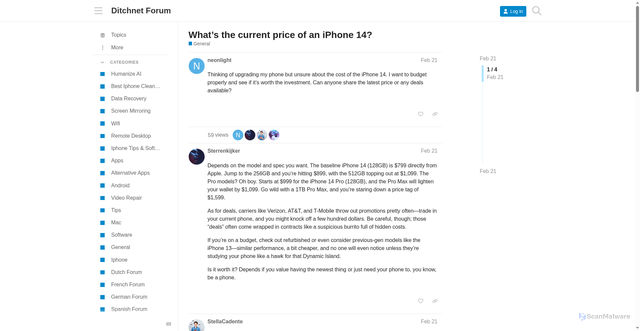 Security scan screenshot of https://ditchnet.org/t/what-s-the-current-price-of-an-iphone-14/1667