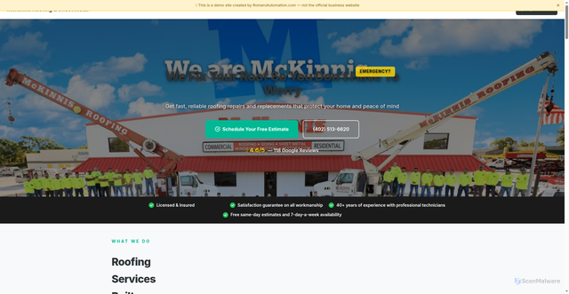 Security scan screenshot of http://mckinnis-roofing-sheet-metal-demo.pages.dev/