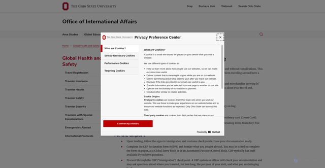 Security scan screenshot of https://oia.osu.edu/global-health-and-safety/traveler-security/us-customs-step-step-guide