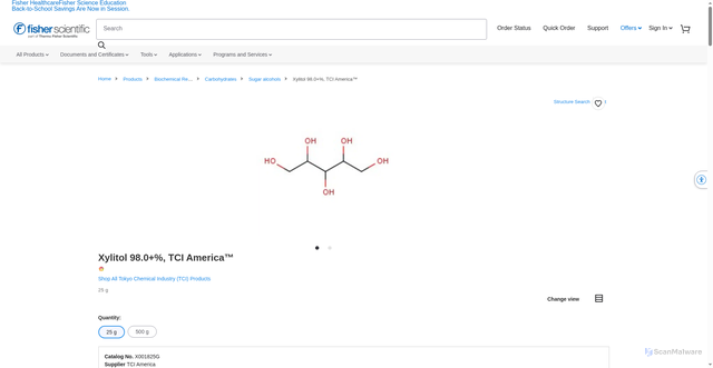 Security scan screenshot of https://www.fishersci.com/shop/products/xylitol-tci-america-2/X001825G