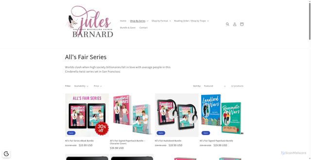 Security scan screenshot of https://www.julesbarnardbooks.com/collections/alls-fair-series?srsltid=AfmBOoqjp3LsGnGQ1HLd5dtdllUvi00Ws_rHCJFcYBhLjKTd0CsFr-zI