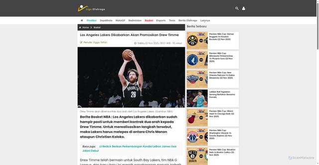 Security scan screenshot of https://www.ligaolahraga.com/basket/los-angeles-lakers-dikabarkan-akan-promosikan-drew-timme