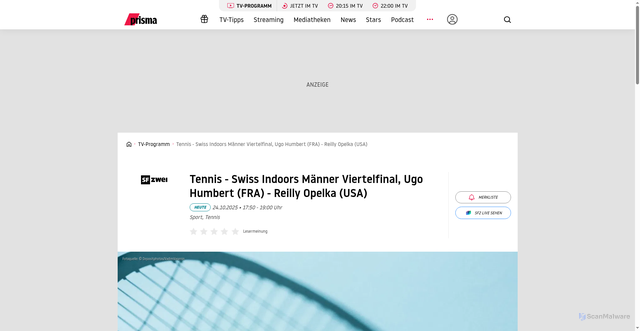 Security scan screenshot of https://www.prisma.de/tv-programm/Tennis-Swiss-Indoors-Maenner-Viertelfinal-Ugo-Humbert-FRA-Reilly-Opelka-USA,53280690