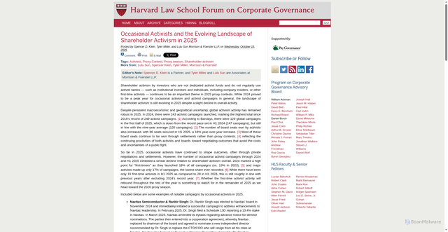 Security scan screenshot of https://corpgov.law.harvard.edu/2025/10/15/occasional-activists-and-the-evolving-landscape-of-shareholder-activism-in-2025/
