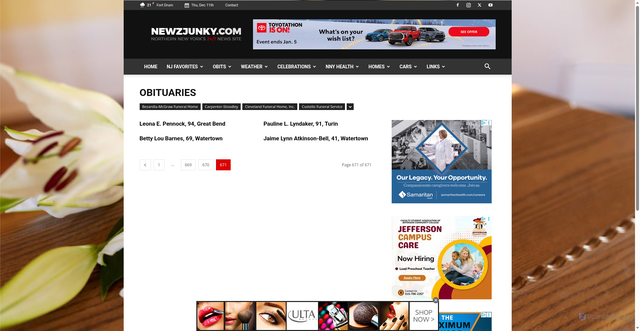 Security scan screenshot of https://www.newzjunky.com/category/obituaries/page/671/